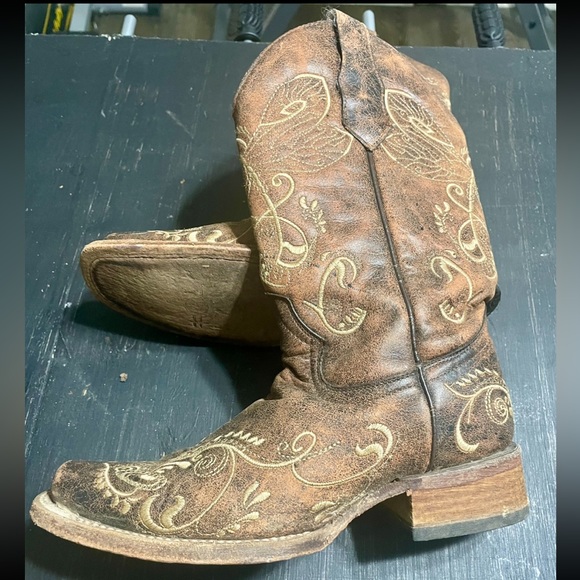 Circle G. Dragonfly Distressed Brown/Bone Embroidered Square Toe Women’s sz6.5m. - Picture 6 of 8